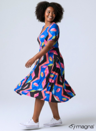 Long A-Line Dress (C-2203-PRINT) T32075-Mixed Shapes Roze-Blue