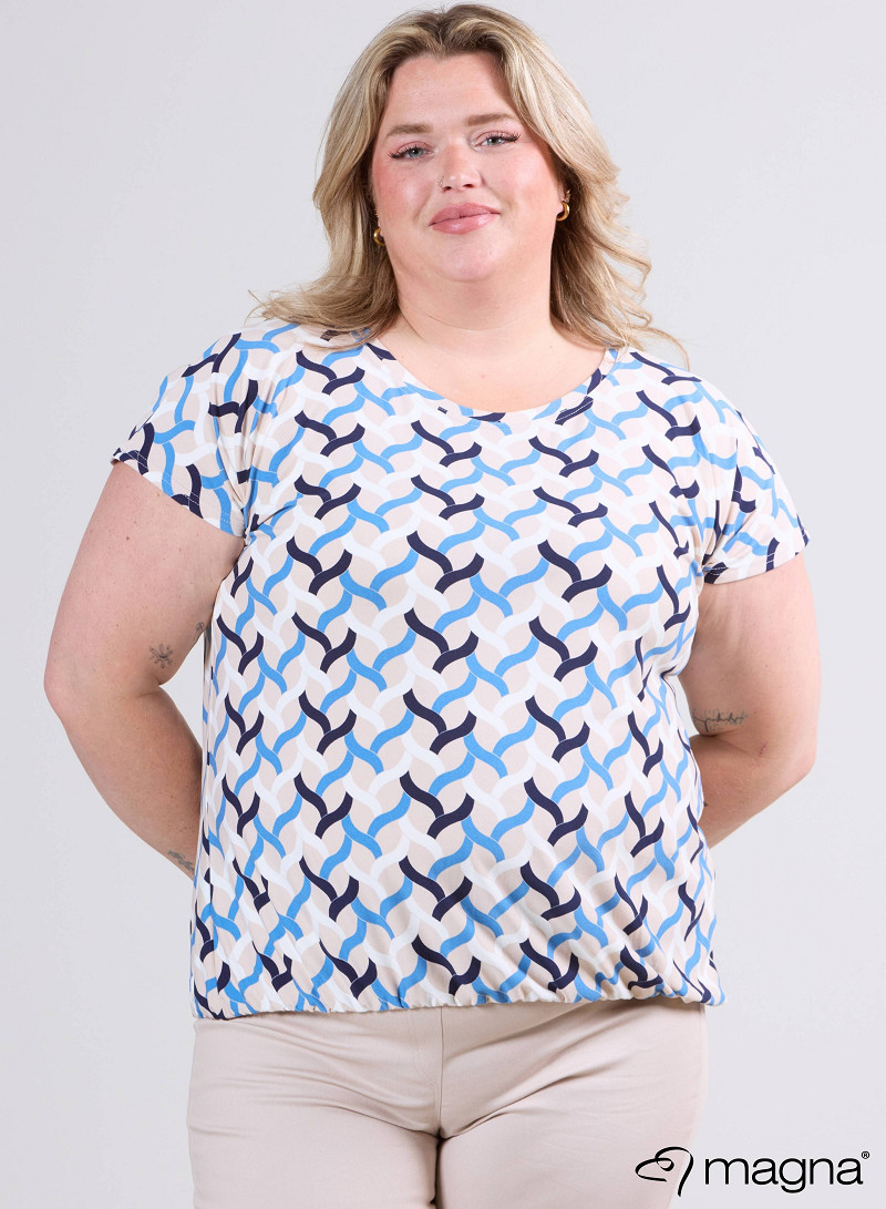Simple Elastic Band Shirt (A-2502-PRINT) T72071-Woven Blue-Sand