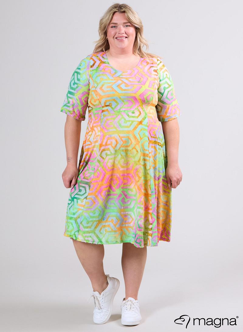 Long A-Line Dress (C-2513-MSH) T77008-Maze Design Pink-Orange-Lime