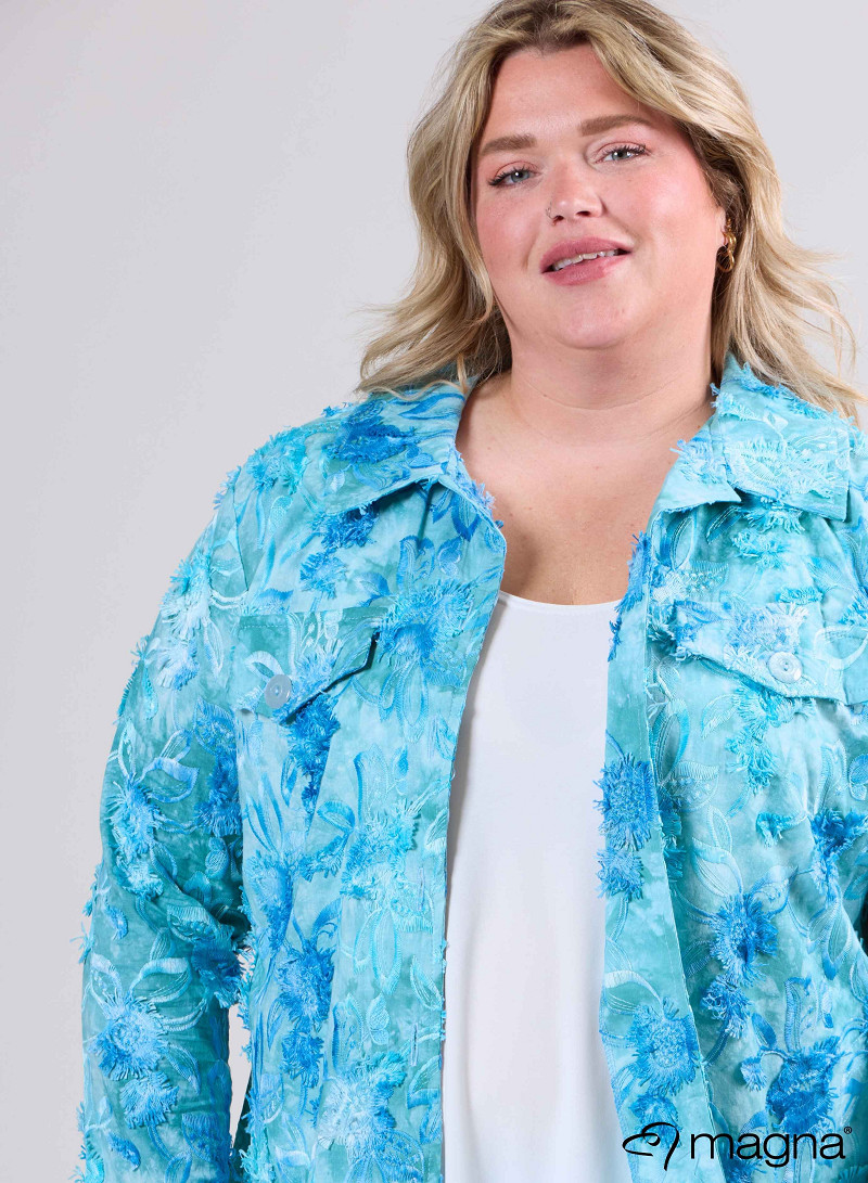 Jaquard Button Jacket (K-2402-COT1) T93051-Embroidery Flower Aqua