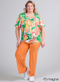 Flowy V-Neck Shirt (B-2103-PRINT) U11058-Jungle Green-Orange