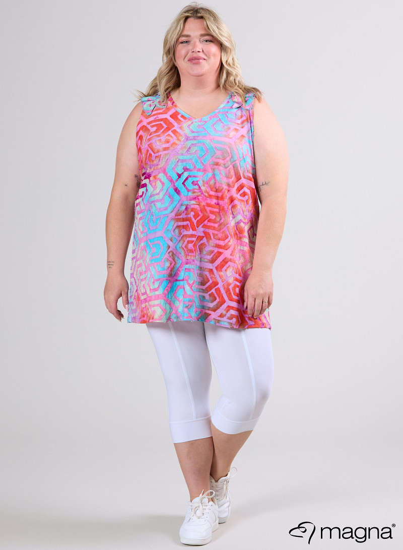 A-Line Sleeveless Frill Top-Tunic (C-2514-MSH) T77011-Maze Turquoise-Pink