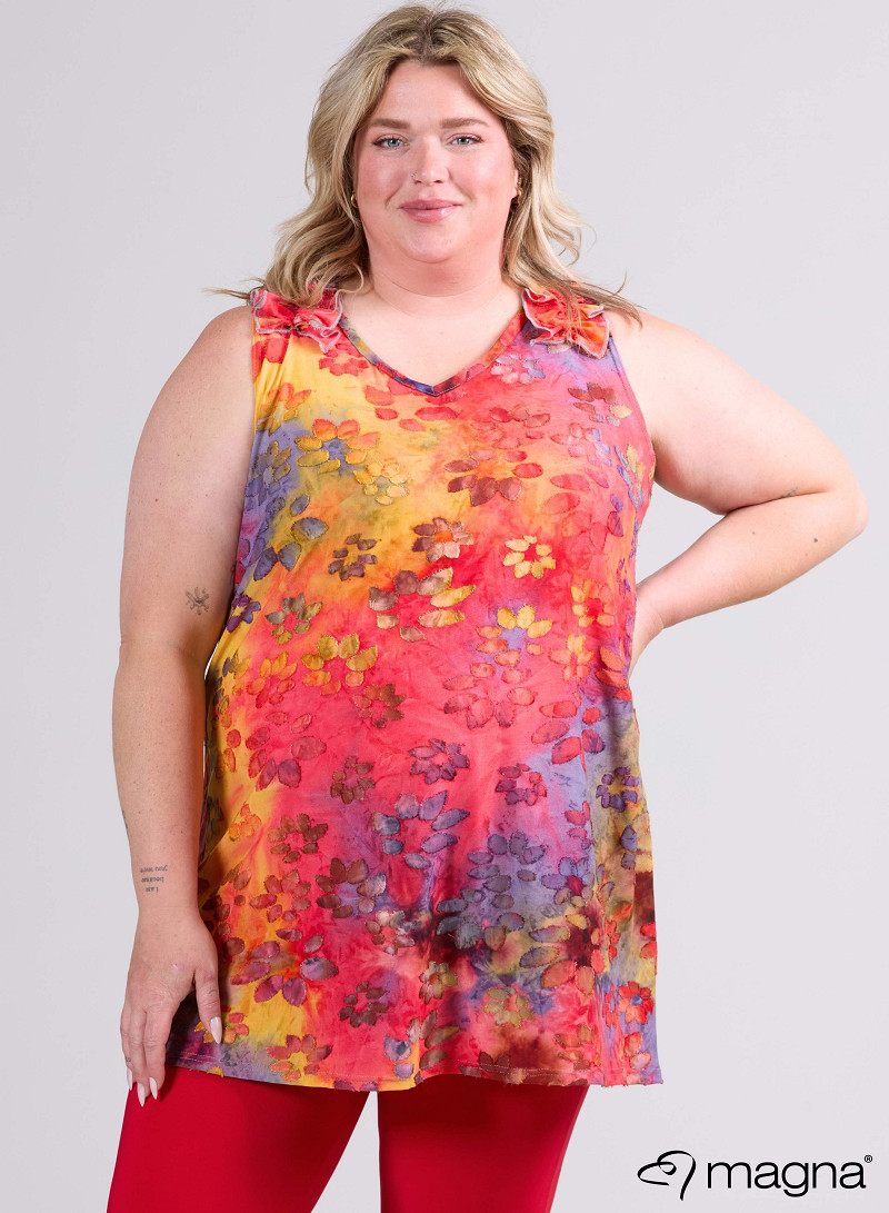 A-Line Sleeveless Frill Top-Tunic (C-2514-MSH) T76076-Daisy Design Red-Yellow