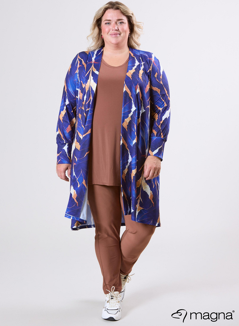 Open Front Loose Cardigan (N-2201-PRINT) T69060-Autumn Leaves Camel-Blue