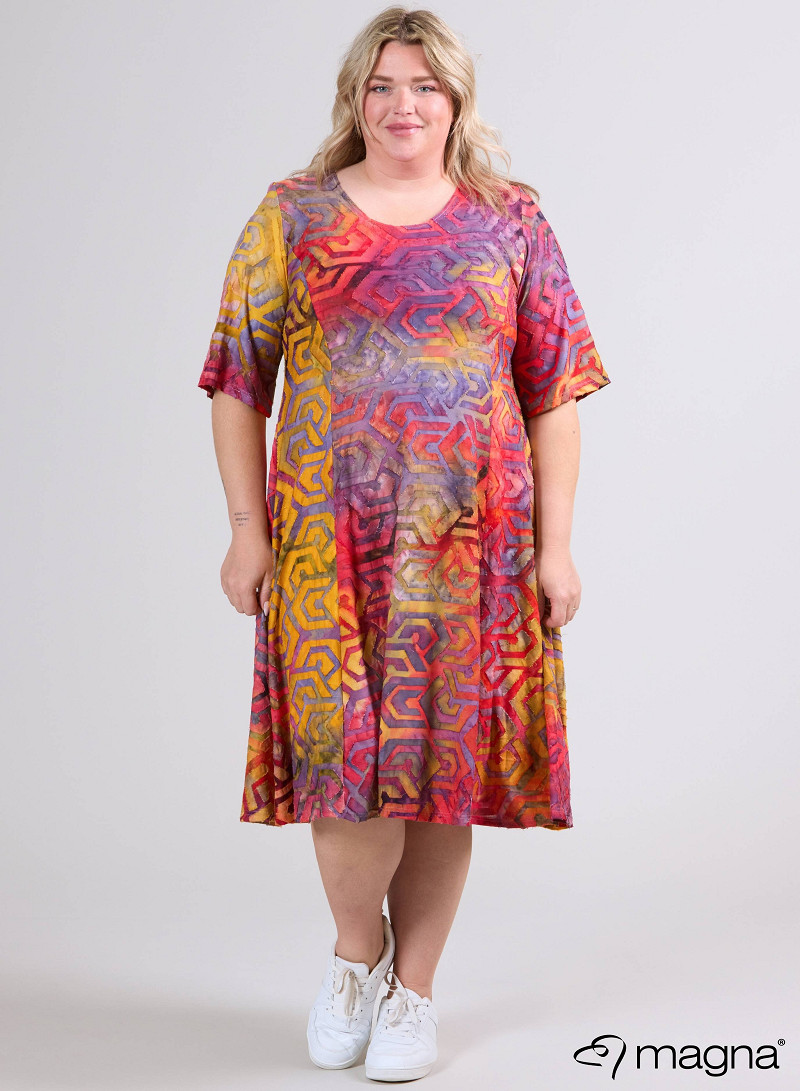 Long A-Line Dress (C-2513-MSH) T77076-Maze Design Red-Yellow