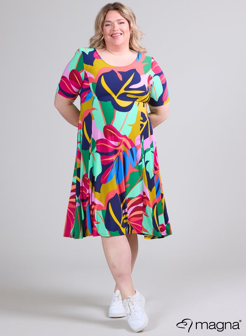 Long A-Line Dress (C-2203-PRINT) T86067-Big Leaves Magenta-Mint
