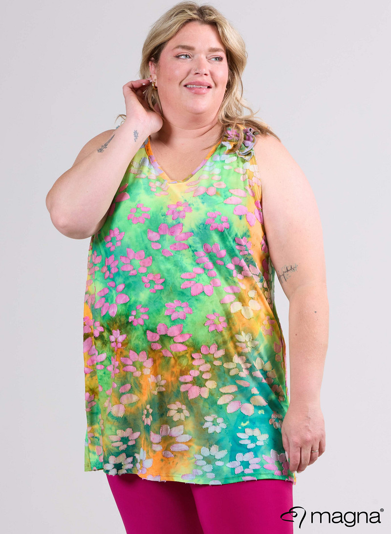 A-Line Sleeveless Frill Top-Tunic (C-2514-MSH) T76008-Daisy Design Orange-Pink-Lime