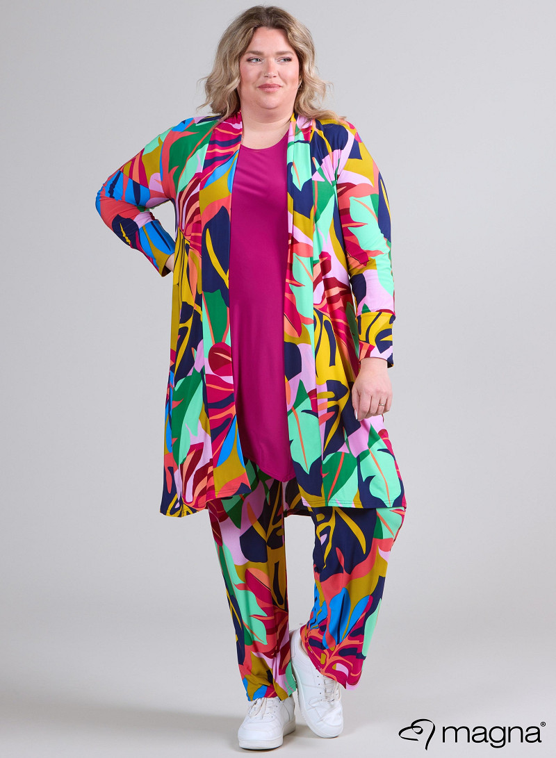 Open Front Loose Cardigan (N-2201-PRINT) T86067-Big Leaves Magenta-Mint