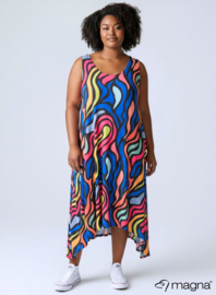 A-Shaped Sleeveless Split Dress (C-2323-PRINT) T30060-Bold Lines Waves Blue-Pink