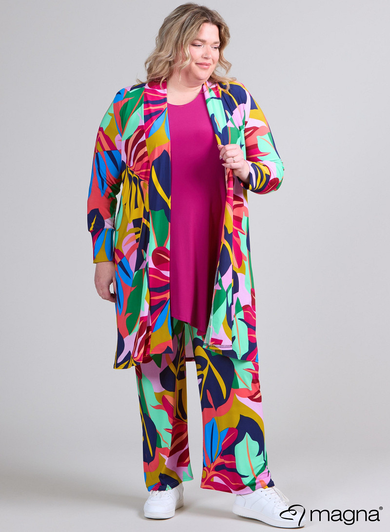 Open Front Loose Cardigan (N-2201-PRINT) T86067-Big Leaves Magenta-Mint