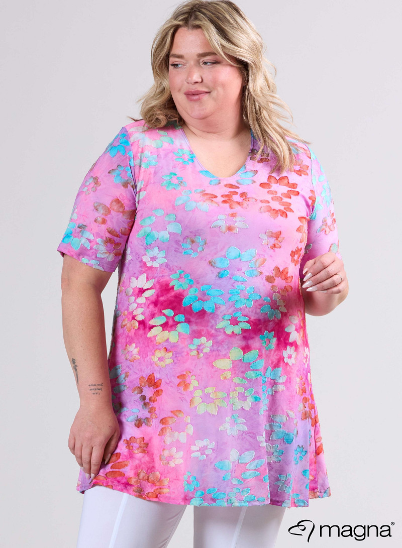 A-Line Short Sleeve Shirt (B-2508-MSH) T76011-Daisy Turquoise-Pink