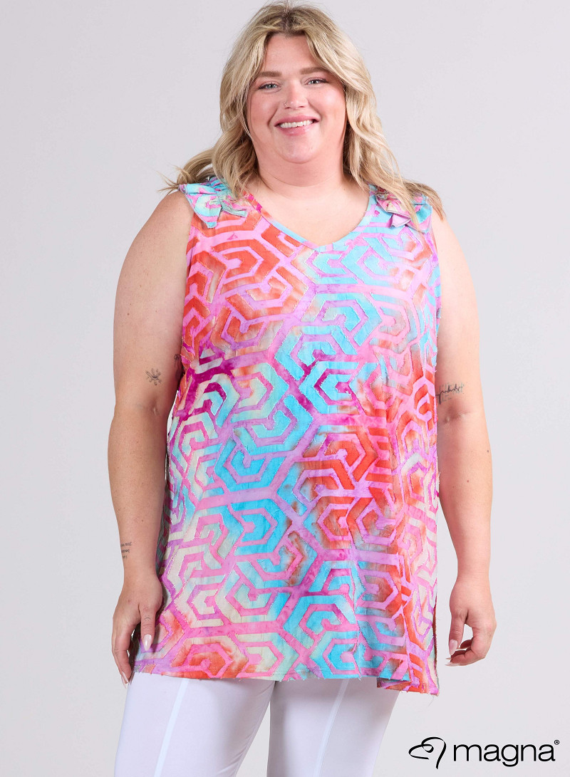 A-Line Sleeveless Frill Top-Tunic (C-2514-MSH) T77011-Maze Turquoise-Pink