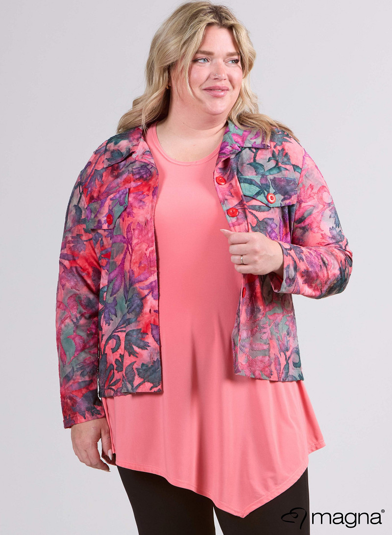 Jaquard Button Jacket (K-2402-MSH) U51066-Fall Leaves Coral