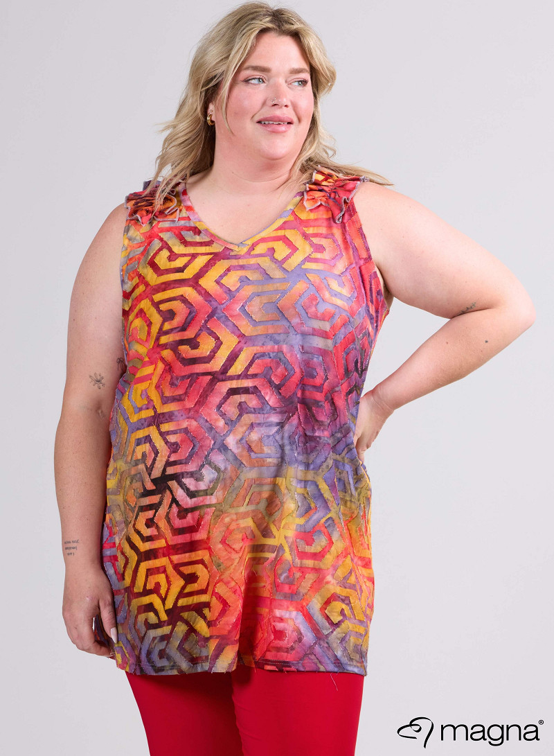 A-Line Sleeveless Frill Top-Tunic (C-2514-MSH) T77076-Maze Red-Yellow