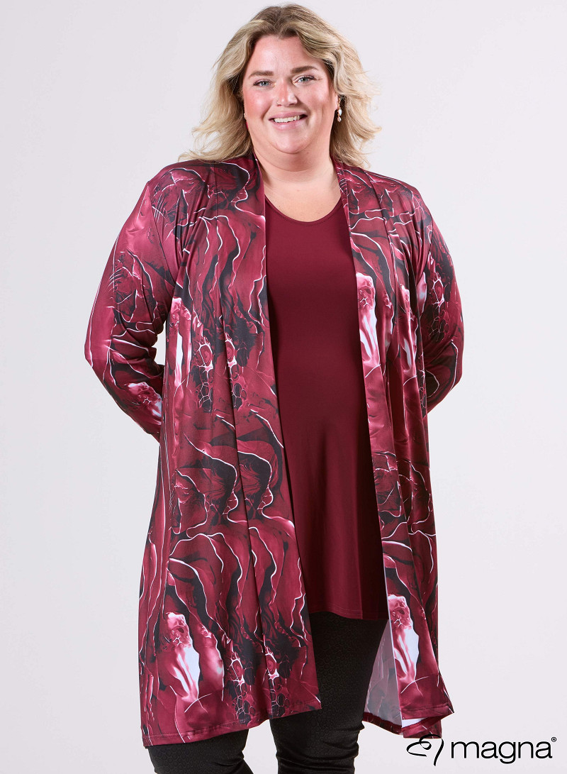 Open Front Loose Cardigan (N-2201-PRINT) T70032-Pebble Waves Wine Red