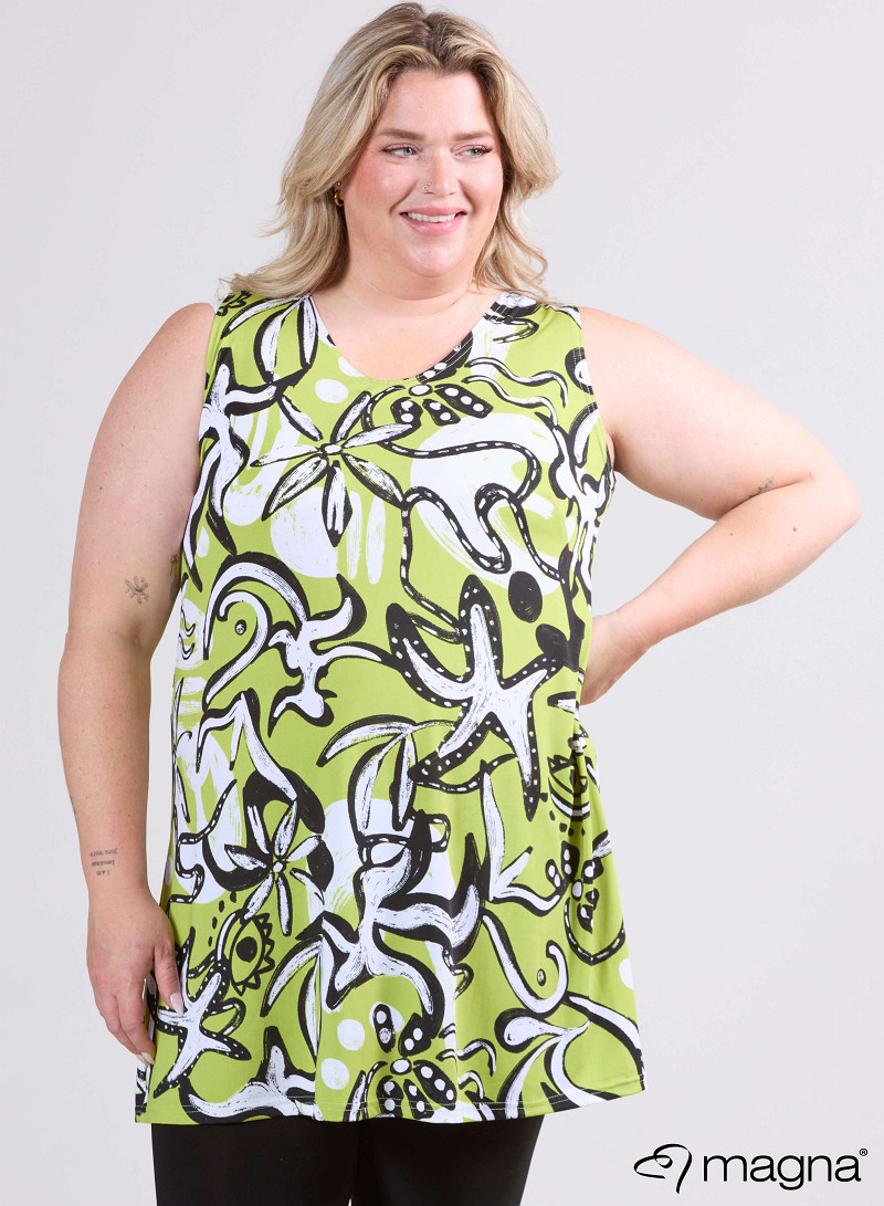 A-Line Sleeveless tunic/top (A-2302-PRINT) U25008-Groovy Lime