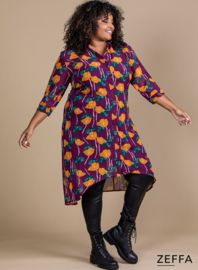 Chiffon Long Buttons-Up Tuniek-Jurk (ZF-DR-1004-PR) X64026-Plum-Orange Leafs