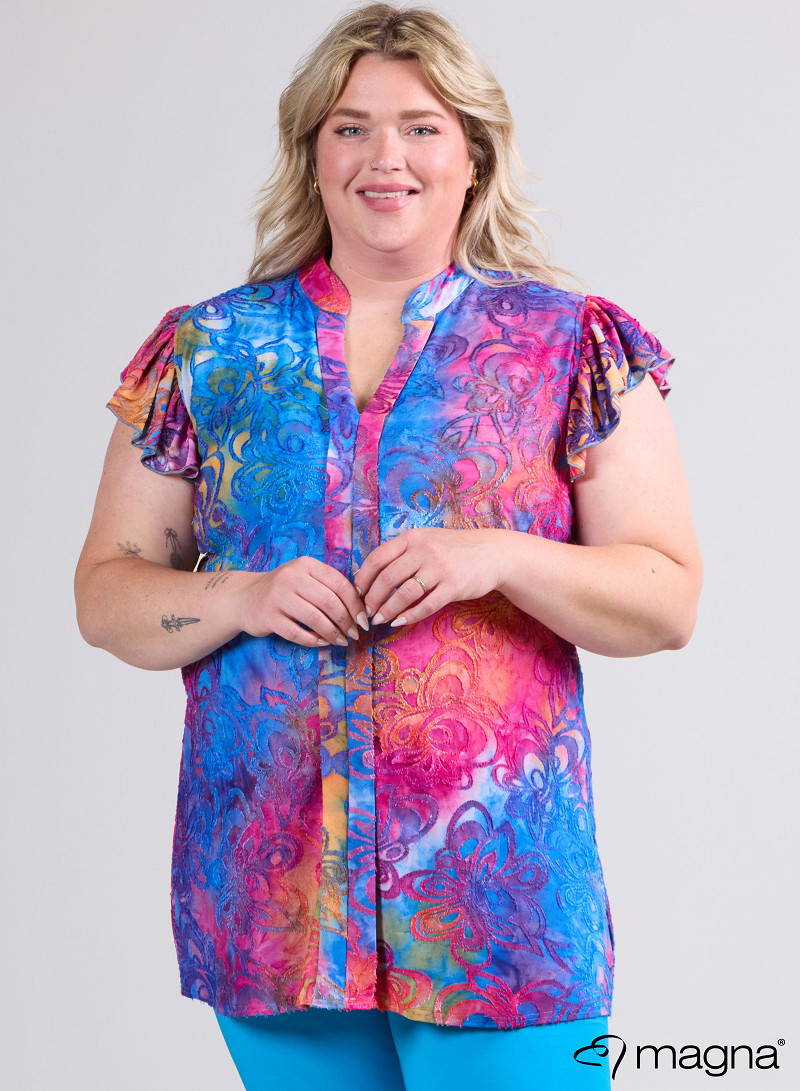 Sleeveless Frill Tunic (C-2305-MSH) T99006-Flower Pink-Blue