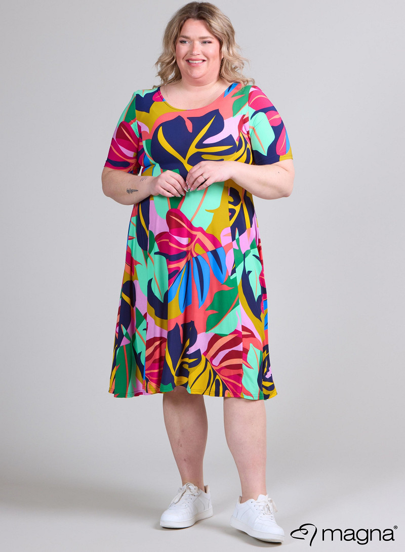 Long A-Line Dress (C-2203-PRINT) T86067-Big Leaves Magenta-Mint