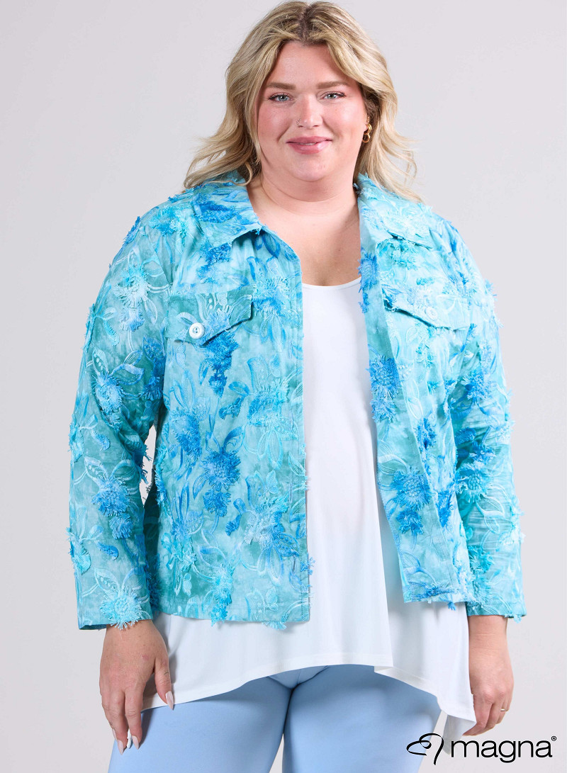 Jaquard Button Jacket (K-2402-COT1) T93051-Embroidery Flower Aqua