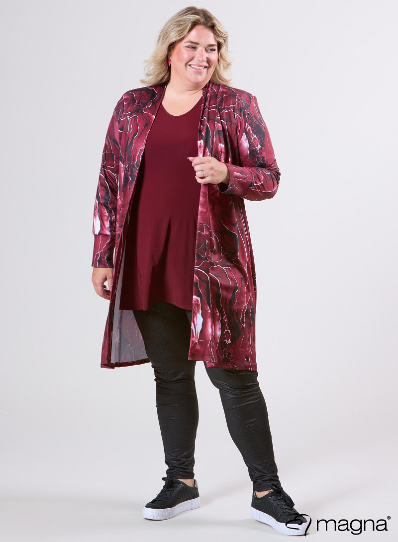 Open Front Loose Cardigan (N-2201-PRINT) T70032-Pebble Waves Wine Red