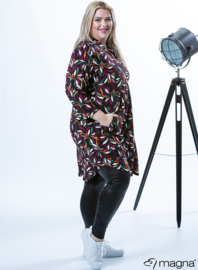 A-Line Long Pocket Tunic (C-2217-PR) X30026-Small Leaves Plum-Green