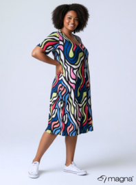 Long A-Line Dress (C-2203-PRINT) T30008-Bold Lines Waves Lime-Sky Blue