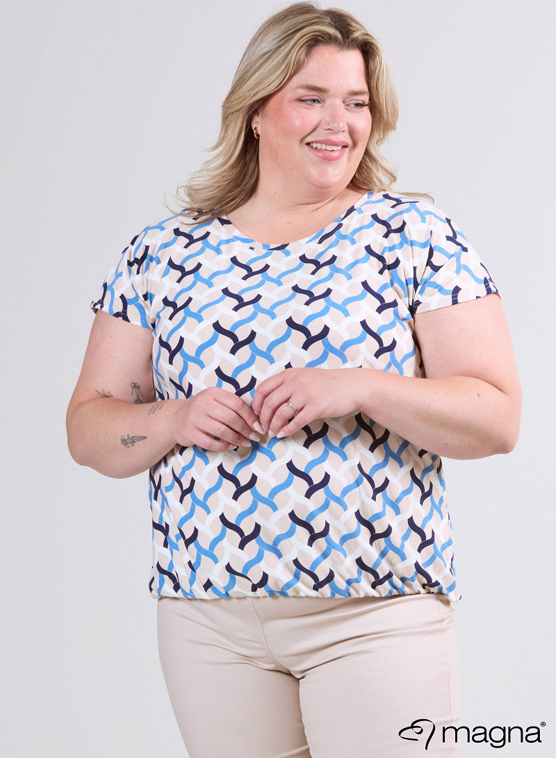 Simple Elastic Band Shirt (A-2502-PRINT) T72071-Woven Blue-Sand