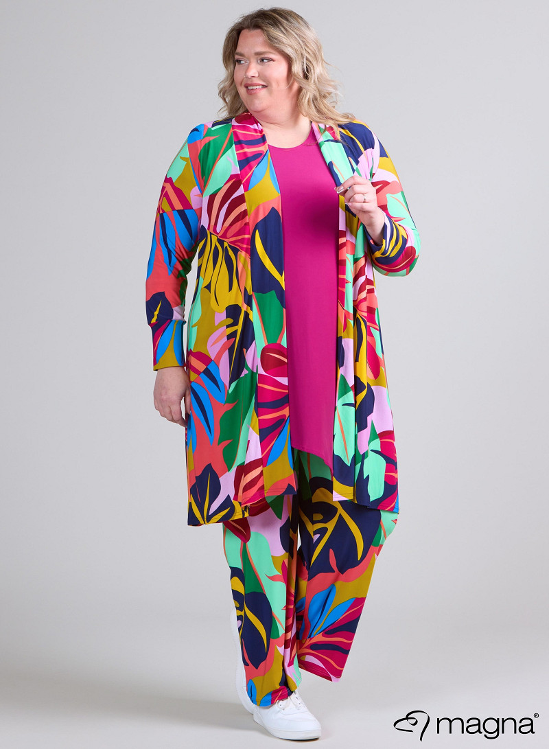 Open Front Loose Cardigan (N-2201-PRINT) T86067-Big Leaves Magenta-Mint