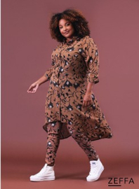 Chiffon Long Buttons-Up Tuniek-Jurk (ZF-DR-1004-PR) Z41063-Blocked Flower Camel