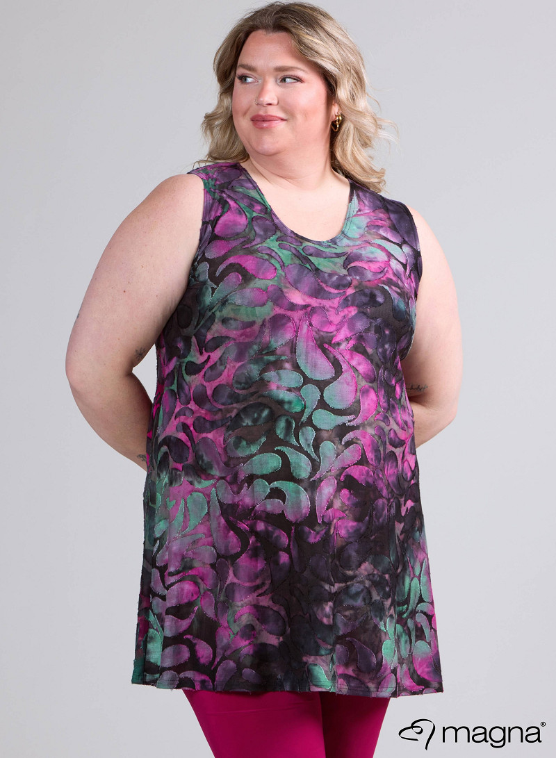 A-Line Sleeveless tunic/top (A-2302-MSH) T87056-Drop Shapes Magenta-Green