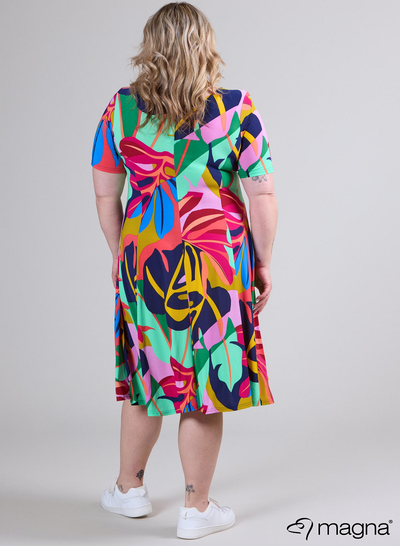 Long A-Line Dress (C-2203-PRINT) T86067-Big Leaves Magenta-Mint