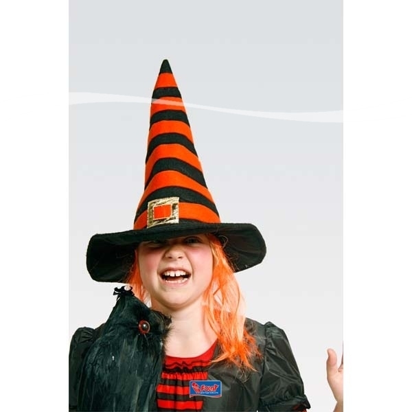 Heksenhoed oranje en zwart met haar kind Heksenhoed oranje en zwart met haar kind