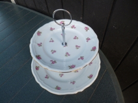 2 Laags Etagere Marie Luise met roze/rode roosjes