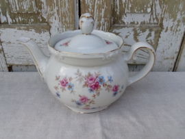Bolle Buik Theepot met roze roosjes en blauwe bloemetjes