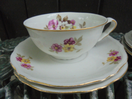 Thee kop en schotel Epiag met roze, witte en gele bloemen