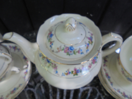 Theepot Plazuid (Holland) met lieve bloemetjes / roze roosjes en gouden bies