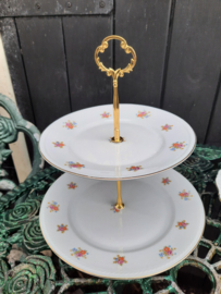 2 laags etagere MIGNON Bavaria met bloemboeketjes / roze roosjes