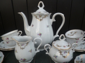 Koffieservies Bareuther Bavaria met roze/rode roosjes/bloemetjes en goudlusters