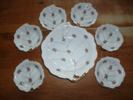 Dessert set bladvormig met gouden nerfjes en roze roosjes