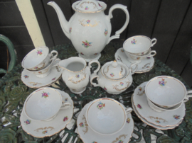 Koffieservies vol bloemboeketjes met oa. roze roosjes en goudlusters