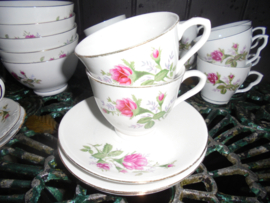 Koffie kop en schotel met wilde roze struik roos