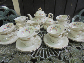 12 persoons Theeservies Hertel Jacob Bavaria met roze roosjes / bloemetjes guirlande