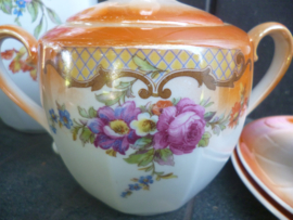 Koffieservies met roze roosjes boeketjes en Oranje Parelmoer