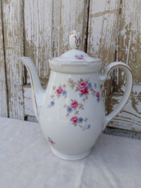 Bolle Buik Theepot met roze roosjes en blauwe bloemetjes