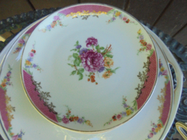 Rosenthal Bavaria Donatello Gebakstel roze rand en bloemboeketjes / roze roosjes