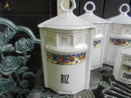 Brocante Voorraadpot Groot met Art Deco boemrand "RIZ"