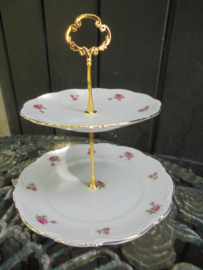 2 laags etagere met roze/rode roosjes Bavaria 2 tulpjes (kleine maat)