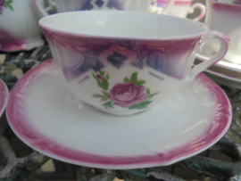 10 persoons Koffieservies met roze roos en roze/paarse parelmoer