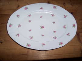 Art Deco Ovale vleesschaal met roze roosjes met zilver randje